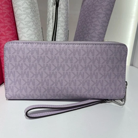 MICHAEL KORS Jet Set Large Signature Logo Continental Wallet Wristlet Lt Quartz - Picture 4 of 16